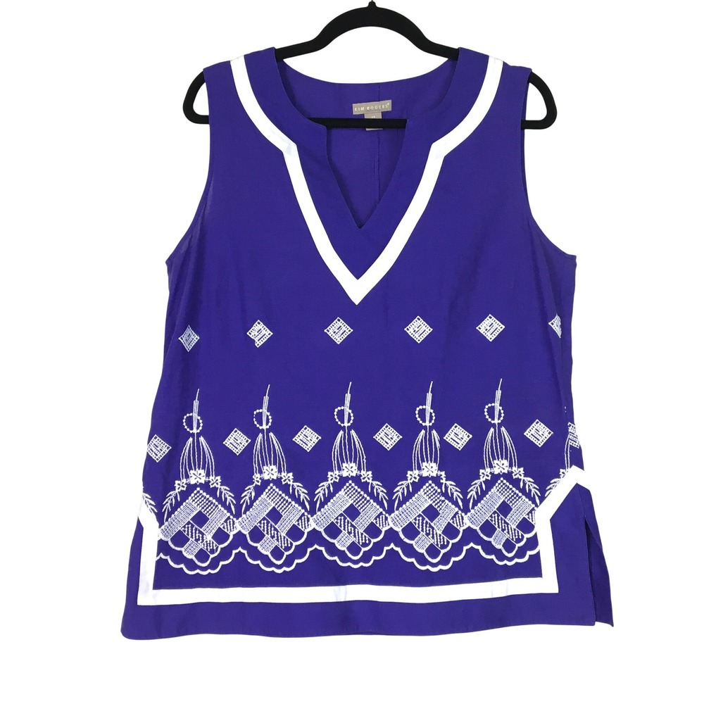 Kim Rogers Embroidered Cotton Sleeveless Split Neck Tunic Top 14 Royal‎ Blue